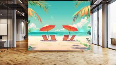 Chairs And Umbrella In Palm Beach - Tropical Holiday Banner Wall mural