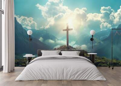 Christian cross against the sky over the mountains Wall mural