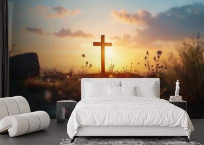 Christian cross on hill outdoors at sunset. Crucifixion Of Jesus Wall mural