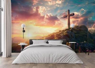 Christian cross on hill outdoors at sunset. Crucifixion Of Jesus Wall mural