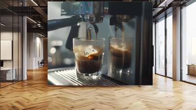 Close-up of espresso pouring from coffee machine. Professional coffee brewing Wall mural