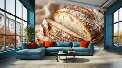 Close-up of traditional sourdough bread cut into slices, revealing the airy texture and rustic charm Wall mural