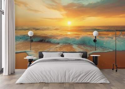 Closeup sea sand beach. Panoramic beach landscape. Inspire tropical beach seascape horizon. Orange and golden sunset sky calmness tranquil relaxing sunlight summer mood Wall mural