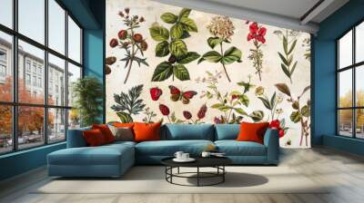 Collection of botanical illustrations and field guides, representing the study of nature and environmental education. Wall mural