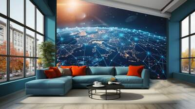 Communication technology for internet business. Global world network and telecommunication on earth cryptocurrency and blockchain and IoT Wall mural