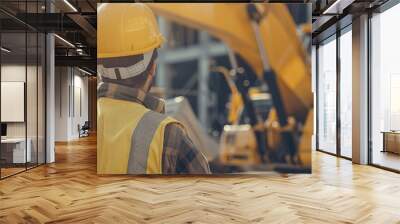 Construction worker operating heavy machinery at a building site, ensuring progress and safety Wall mural