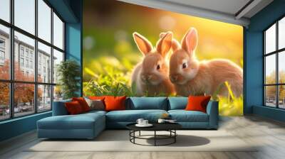 Cute little easter bunnies on green grass at sunset Wall mural