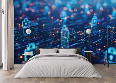 cybersecurity concept Global network security technology, business people protect personal information. Encryption with a padlock icon on the virtual interface. Wall mural