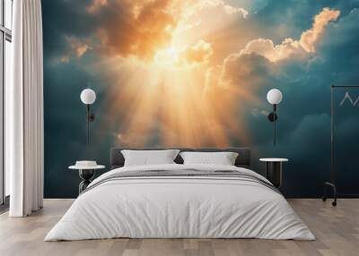 Dark sky with sun . God rays . Dramatic nature background . Religion background Wall mural