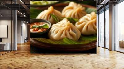 delicious momos with chutney on the leaf. captured with selective focus . Wall mural