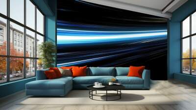 digitally generated image of blue light and stripes moving fast over black background Wall mural