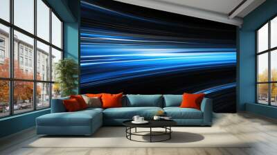 digitally generated image of blue light and stripes moving fast over black background Wall mural