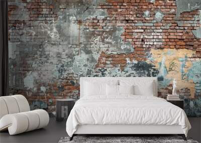 Distressed brick wall with graffiti remnants. Wall mural