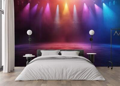 Dramatic scene of an empty concert stage with colorful spotlights creating an atmospheric setting Wall mural