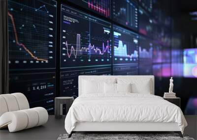 Financial data visualizations on a digital screen, representing business intelligence and strategy Wall mural