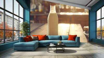 Fresh Milk Bottle in Sunlit Kitchen Setting Wall mural