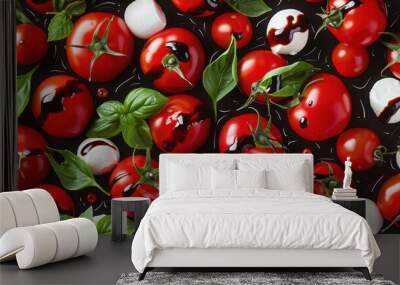 Fresh Tomatoes and Basil Over Black Surface Wall mural