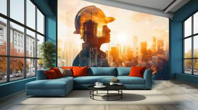 Future building construction engineering project concept with double exposure graphic design. Building engineer, architect people or construction worker working with modern civil equipment Wall mural