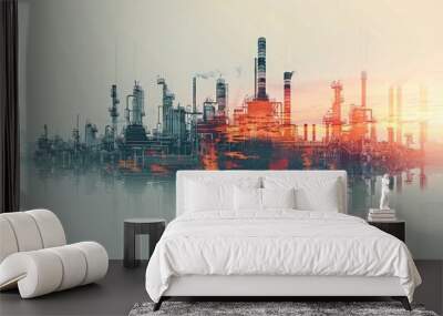 Future factory plant and energy industry concept in creative graphic design. Oil, gas and petrochemical refinery factory with double exposure arts showing next generation of power and energy business. Wall mural