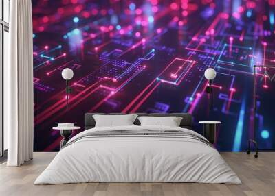 Glowing neon lines on dark tech background, perfect for cyberpunk-themed designs and futuristic concepts. Wall mural