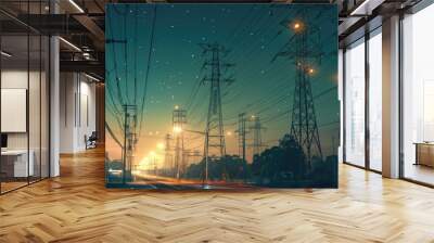 grid of transmission lines carrying electricity from power plants to homes and businesses, enabling energy distribution. Wall mural