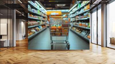 Grocery cart in a supermarket with goods on racks Wall mural