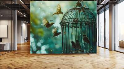 little birds escape out of birdcage, freedom concept Wall mural