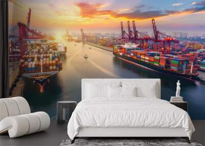 Logistics and transportation of Container Cargo ship and Cargo plane with working crane bridge in shipyard, logistic import export and transport industry background Wall mural