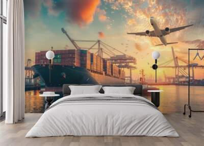 Logistics and transportation of Container Cargo ship and Cargo plane with working crane bridge in shipyard, logistic import export and transport industry background Wall mural