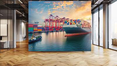 Logistics and transportation of Container Cargo ship and Cargo plane with working crane bridge in shipyard, logistic import export and transport industry background Wall mural