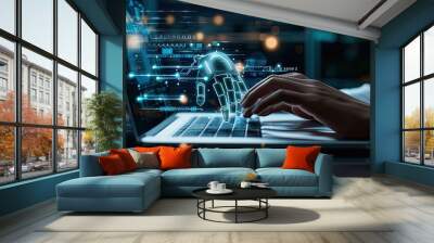 man using laptop for searching of technology smart open AI or artificial intelligence using an artificial intelligence chatbot developed. Wall mural