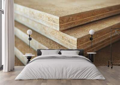 MDF particle board sheets with a natural wood texture, stacked and ready for woodworking Wall mural