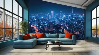 Modern city with wireless network connection and city scape concept.Wireless network and Connection technology concept Wall mural