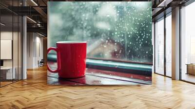 red mug of hot drink, when behind a window is rain / cozy home atmosphere Wall mural