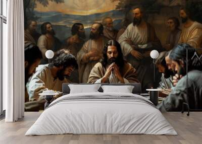 Scene, of Jesus Christ praying during the last supper with his apostles Wall mural