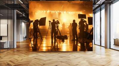 Silhouette images of video production behind the scenes. making of TV commercial movie that film crew team lightman and cameraman working together with film director in studio. film production concept Wall mural