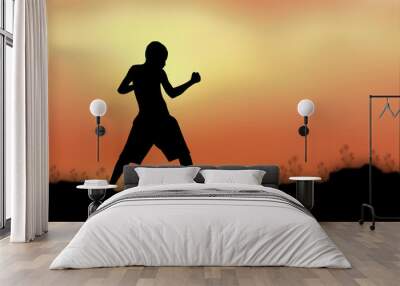 Silhouette man fight Sunset background Wall mural