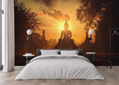 Silhouette of Buddha and temple with sun shining from behind Wall mural