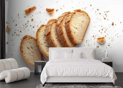 Sliced bread isolated on a white background. Bread slices and crumbs viewed from above. Top view Wall mural