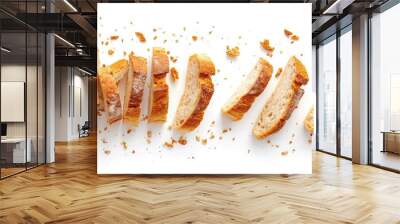 Sliced bread isolated on a white background. Bread slices and crumbs viewed from above. Top view Wall mural