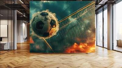 soccer ball flying through the air towards the goal with a dramatic sky in the background Wall mural