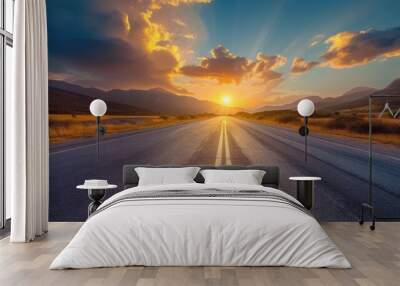 Straight asphalt road and mountain with sky clouds background at sunset Wall mural