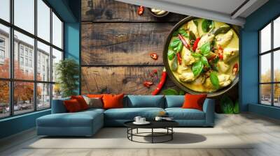 Thai food chicken green curry on dark wooden background. top view Wall mural