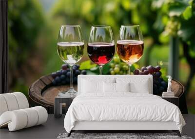 Three glasses with white, rose and red wine on a wooden barrel in the vineyard. Wall mural