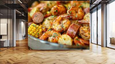 traditional seafood boil featuring shrimp, corn, potatoes, and sausage cooked in a flavorful broth, evoking the festive atmosphere of a coastal feast. Wall mural