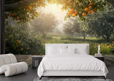 Tree Table wood Podium in farm display for food, perfume, and other products on nature background, Table in farm with orange tree and grass, Sunlight at morning Wall mural