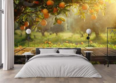 Tree Table wood Podium in farm display for food, perfume, and other products on nature background, Table in farm with orange tree and grass, Sunlight at morning Wall mural