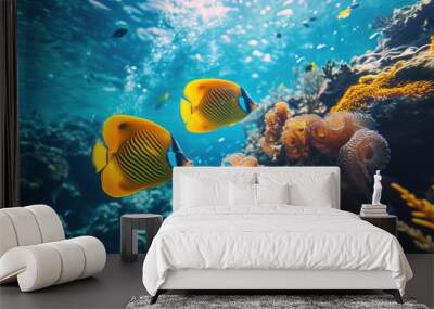 Tropical sea underwater fishes on coral reef. Aquarium oceanarium wildlife colorful marine panorama landscape nature snorkel diving Wall mural