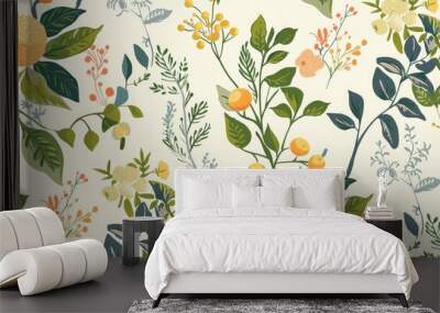 Vintage botanical illustration pattern, great for organic skincare brands and nature-inspired product lines. Wall mural