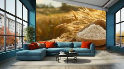 wheat flour in bowl and grains in burlap bag on table with ripe cereal field on the background Wall mural